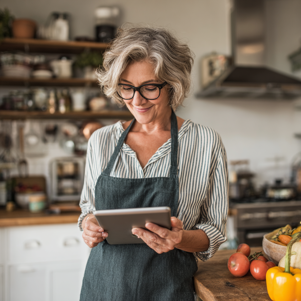 mature adult reviewing personalized meal plan on tablet in bright kitchen