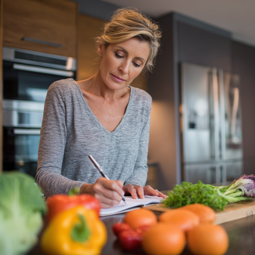 middle-aged woman planning healthy meal in modern kitchen